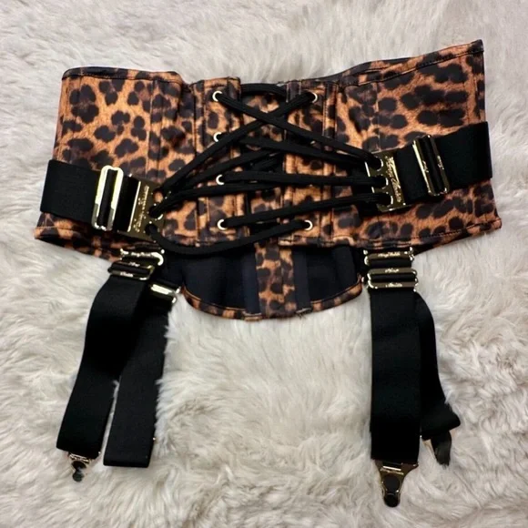 RARE 🔥 Honey Birdette CHASTITY 🐆🖤 Jaguar 3 Piece Set 34D, M Waspie, XS Brief